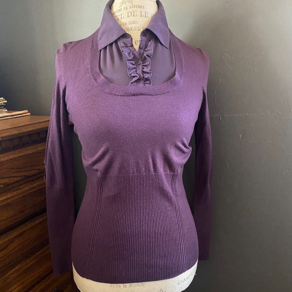 Worthington Women purple knit sweater with attached ruffled blouse insert